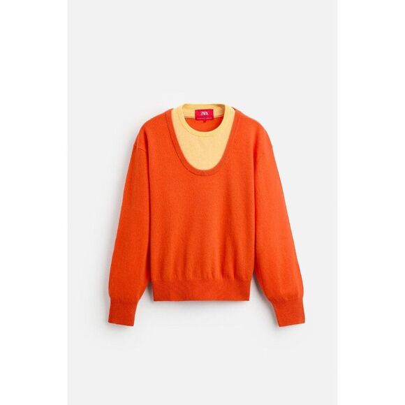 Zara X Harry Lambert Mens Sweater L Large Orange ColorBlock Wool  2893/321 NWT - Picture 3 of 13